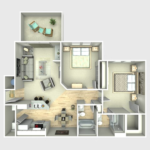Floor plan for 2 beds, 2 baths, 949 sqft